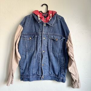 Urban Equipment‎ Vintage Men Denim Jacket Red Hood Beige Sleeves Size Small EUC